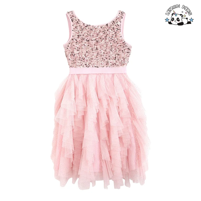 LEZONKIDS - Vestidos de Tule Sequins para Meninas com Desenhos Personalizados OEM Vestido de Princesa de Tule Sequins sem Mangas para Crianças